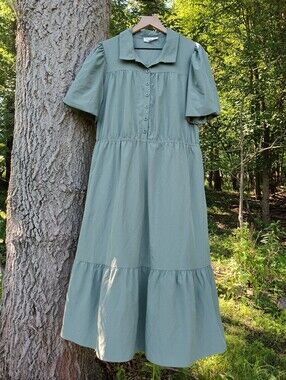 Lucky Brand Sz 2X Green Dress Puff Short Sleeve Midi Maxi Buttons Collar Flounce